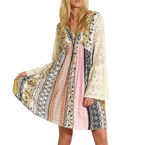 Boutique Mixed Print & Lace Bell Sleeve Boho Cottagecore Mini Dress - Picture 2 of 12